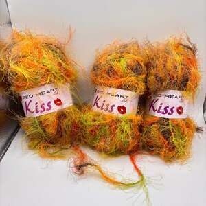 Red Heart Novelty Yarn 3 Skeins Elf Orange Green Color Nylon Eyelash Lot 888